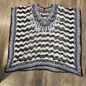 Womens Plus Kaftan Sheer Blue White Chevron Tunic Summer Vacation Resort Beach